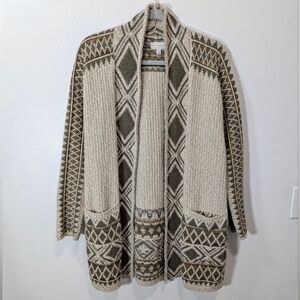 Lucky Brand Women's Green Cream Patterned Cardigan Sweater XS/S Cotton Blend